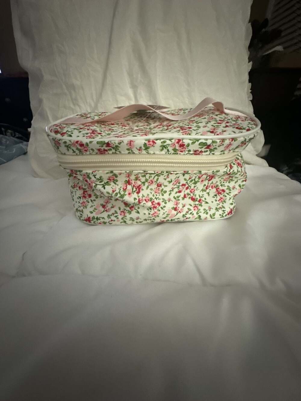 Floral Quilted Cosmetic Travel Makeup Bag with Pink Handle